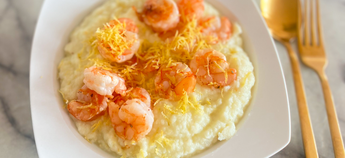 Lemon-Blumenkohlpüree mit Garnelen